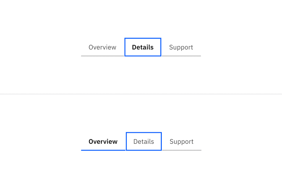 Automatic and manual versions of a tablist with tabs called Overview, Details, and Support. In the first, the Details tab is selected and focused. In the second the Overview tab is still selected and the Details tab has a focus indicator